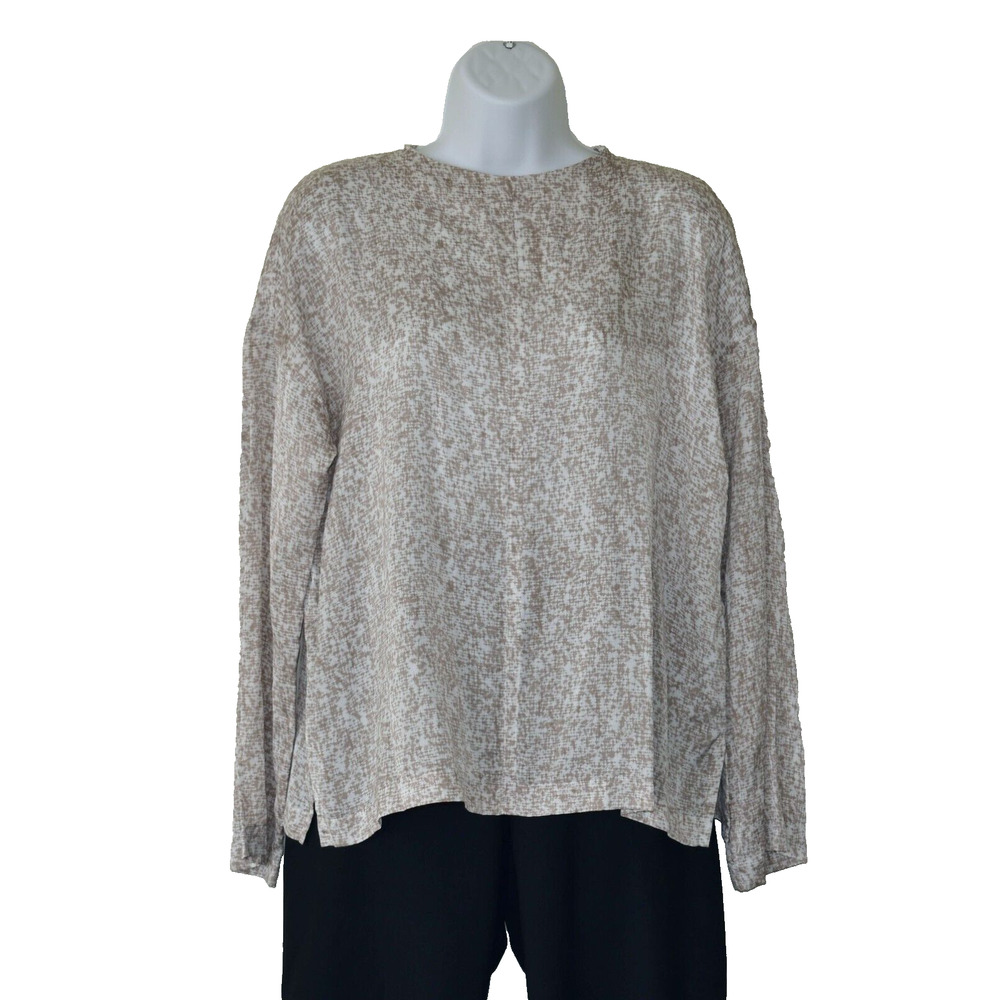 A5 NEW EILEEN FISHER White/Tan Abstract Printed Silk & Cotton Boxy Top Size S
